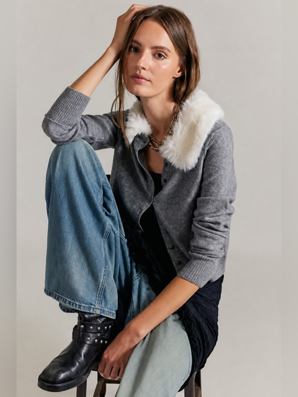 NWT Free People Nocturnal Wool Faux Fur Collar Cardigan Sweater
